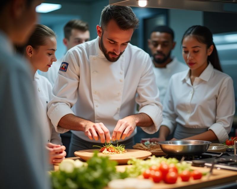 Chef demonstrând o tehnică de gătit complexă în fața studenților.