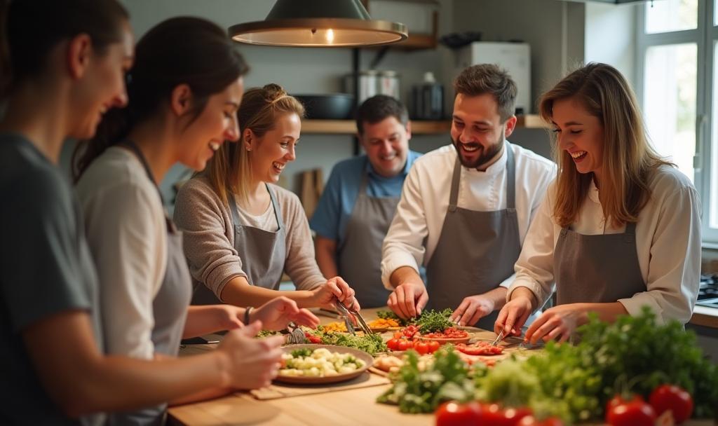 Grup de studenți la o clasă de gătit, râzând și preparând mâncare tradițională.