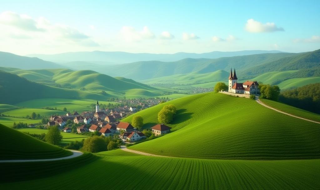 Peisaj pitoresc din Transilvania, cu sate tradiționale și dealuri verzi.