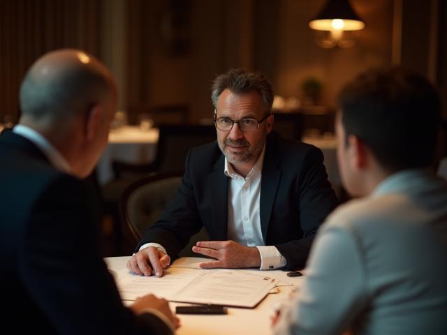 Consultant discutând un meniu într-un restaurant elegant, cu accent pe detalii și prezentare.