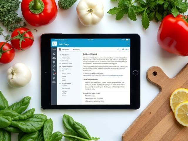Tabletă afișând o pagină de rețete online, cu ingrediente proaspete alături.