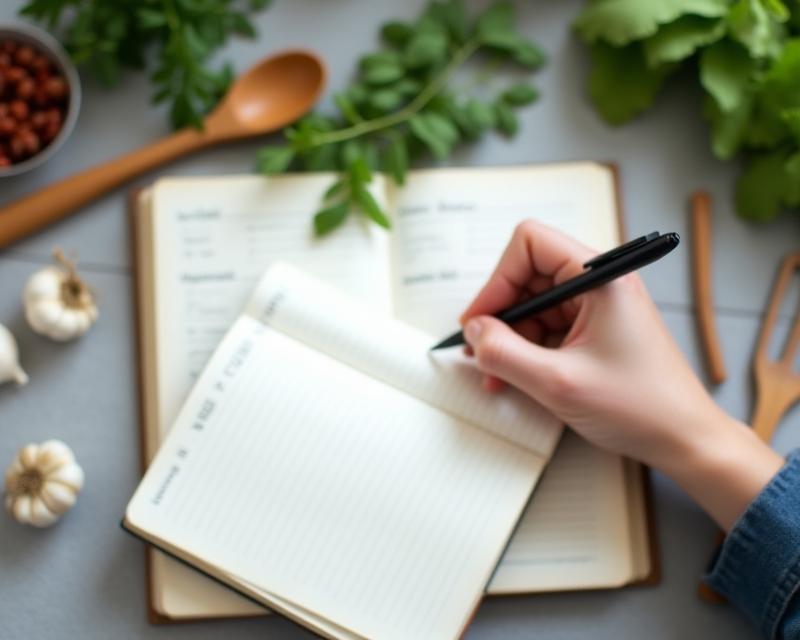 Mână scriind într-un caiet de rețete, cu ingrediente proaspete și ustensile de bucătărie în fundal.